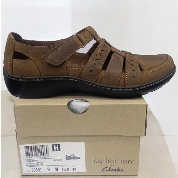 Clarks Cora River Sandals Dark Tan Leather Women's Shoes Size 9 - Picture 1 of 7